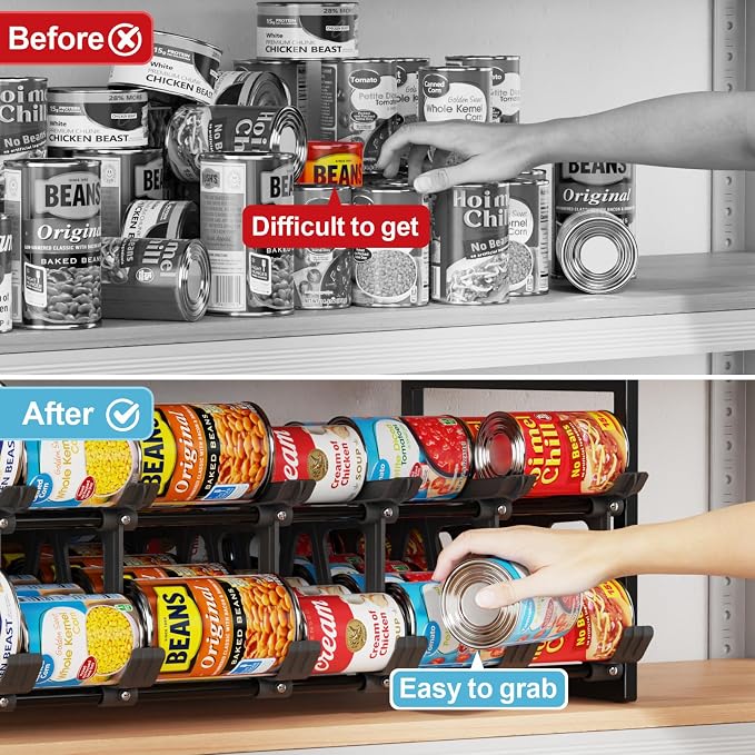iSPECLE Can Organizer for Pantry - Auto-Rolling, Expands to Hold 60 Cans | Stackable For Walk-in Deep Pantry Shelve, Adjustable Width for Food Cans, Sturdy Metal Frame, Easy Access & Restocking, Black