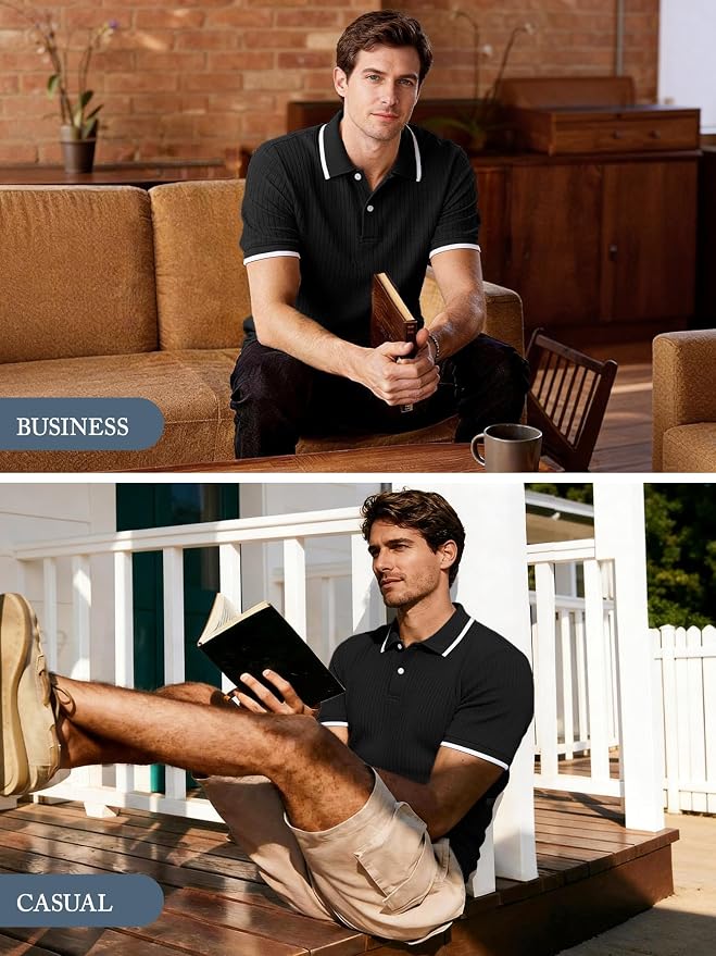 Comdecevis Men's Regular Fit Short Sleeve Knit Polo Shirts | Business casual, lightweight, breathable, stretch textured fabric, moisture wicking, easy care