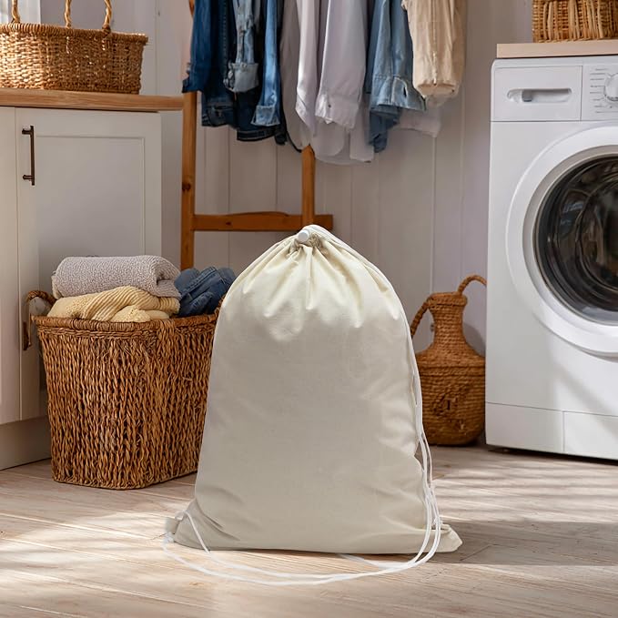 COTTON CRAFT Large Laundry Bag Backpack - 2 Pack Washable Utility Bag | Heavy Duty Durable Canvas Drawstring Closure Laundry Bag - Dorm Hamper Travel Laundry Organizer Sack - 18x24 inches - Natural