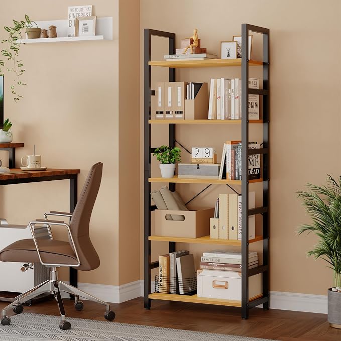 DUMOS 5-Tier Bookshelf, Modern Tall Bookcase Book Shelf | Open Storage Display Shelf for Living Room, Bedroom, Home Office, Narrow Standing Shelving Unit for Books, CDs, Décor Wood