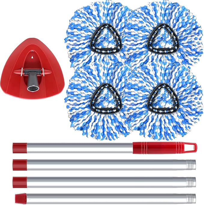 O-Cedar Spin Mop Head, Base, Handle Replacement for RinseClean 2 Tank System, 4 Microfiber Mop Refills, 1 Base and 30-58in Handle Set Combo, Blue, for Wood, Tile, Laminate, Marble