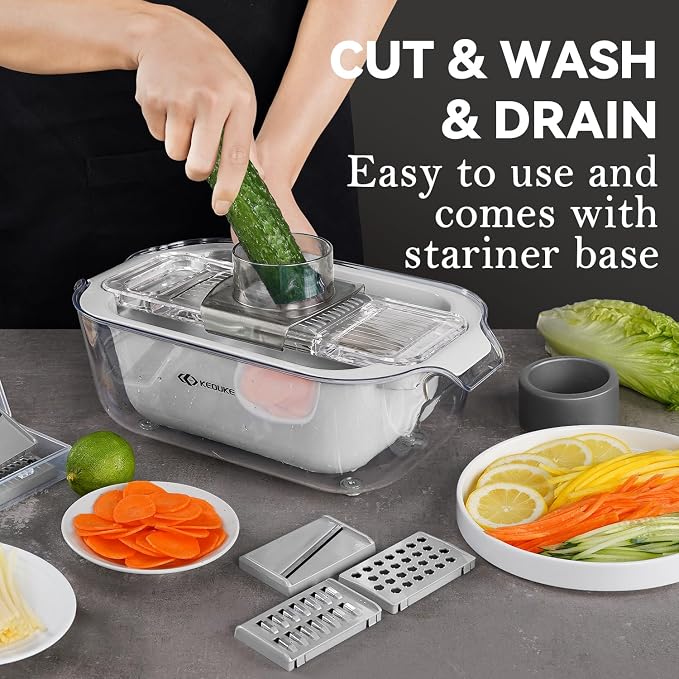 KEOUKE Transparent Multifunctional Mandoline Slicer with Large Strainer - 6 Blades Interchangeable, Handheld Vegetable Cutter with Hand Guard for Kitchen, Onion, Garlic, Safe Food Slicer