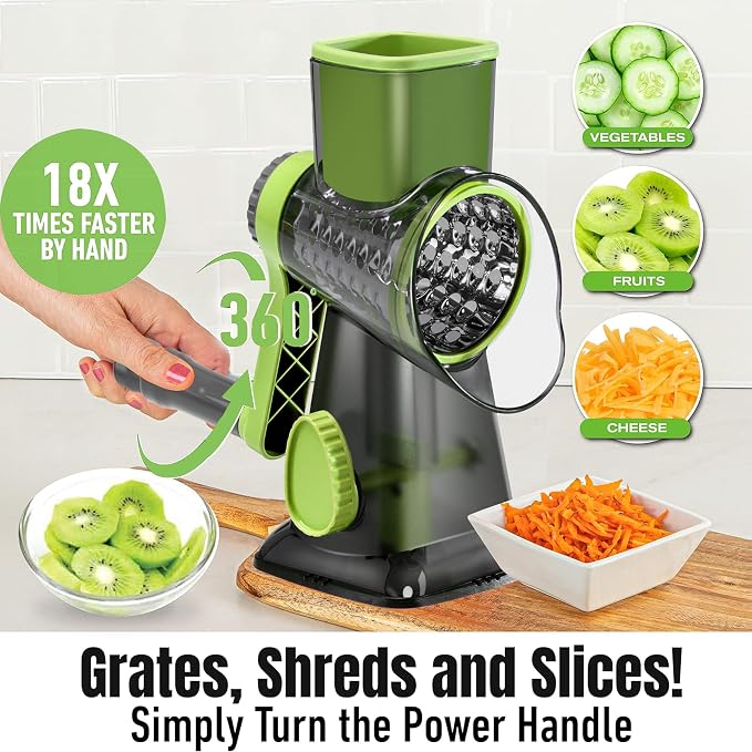 Cheese Grater Hand Crank Rotary Vegetables Shredder with Handle | 3-in-1 Graters, Interchangeable Blades, Non-slip Base, Multifunctional Slicer