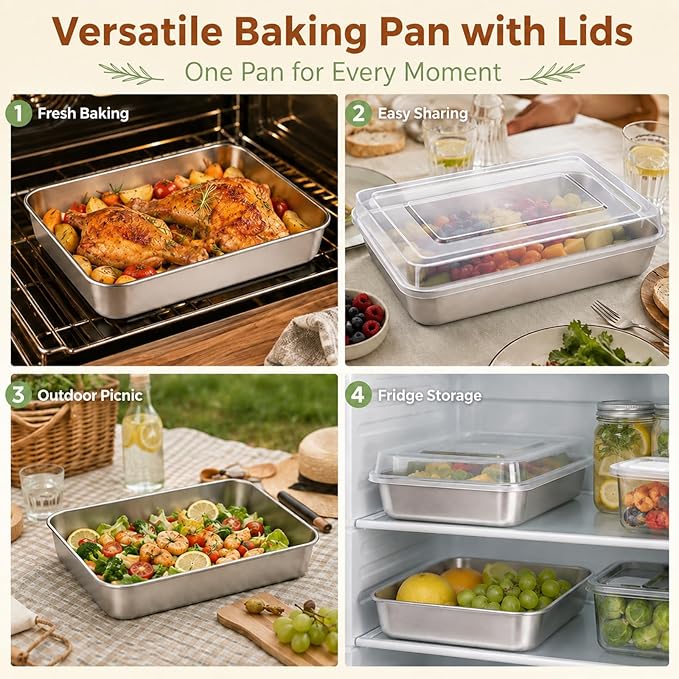 E-far Toaster Oven Baking Pan with Lid, 10.4”x 8”x 2” Stainless Steel Rectangle Sheet Cake Pans with Covers, Small Bakeware for Cakes Brownies Casseroles, Non-toxic & Dishwasher Safe -Set of 2