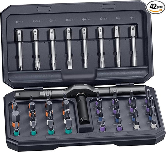 42 in 1 Magnetic Screwdriver Set, Multi Bit Ratcheting Screwdriver Set | with T Handle, Storage Case Repair Tool Kit for Computer, Eyeglass, Bicycles, Watch, Ring Doorbell, Furniture and DIY Man