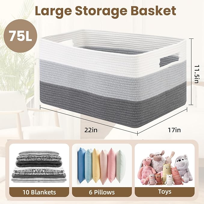 Optish 75L Large Blanket Basket, Woven Storage Baskets with Reinforced Handles, Rope Laundry Basket for Living Room, Bedroom, Nursery, Toys, Clothes,Pillows, 22” x 17” x 11.5”, White & Grey