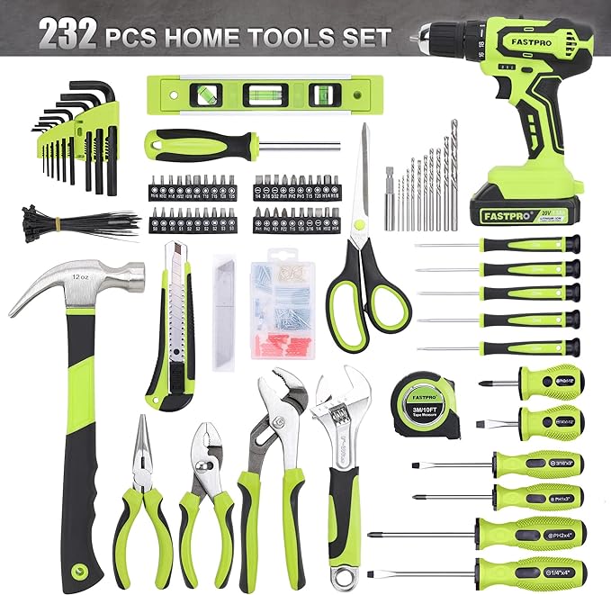 FASTPRO 232-Piece Home Tool Set with Drill, 20V Cordless Drill Driver, Household Repairing Tool Kit with Drill, 12-Inch Wide Mouth Storage Tool Bag Included, Green