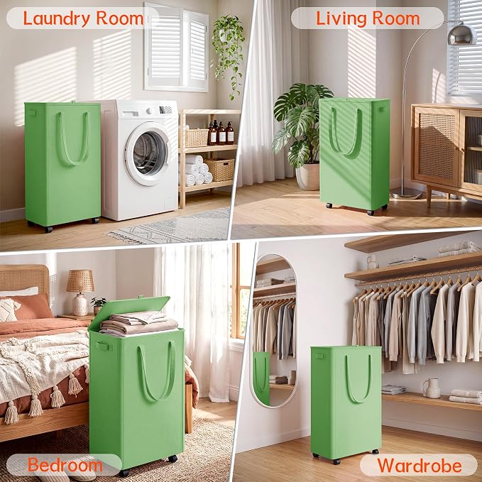 Slim Laundry Hamper with Wheels,20 Gal (75L) Rolling Laundry Basket with lid and wheels Clothes Hamper Foldable Tall Dirty Clothes Basket Sturdy Collapsible Clothes Hamper for Dorm,Laundry Room