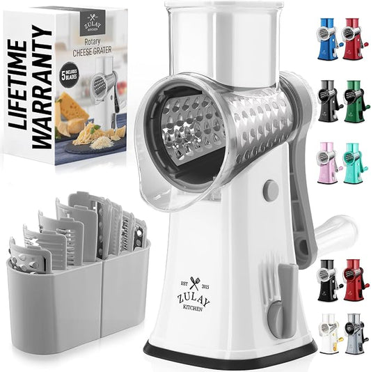 Zulay Kitchen Rotary Cheese Grater 5 Blade Cheese Shredder - Manual Hand Crank Cheese Grater With Reinforced Suction & 5 Interchangeable Drums - Easy to Use, Vegetable Chopper Round Mandoline Slicer