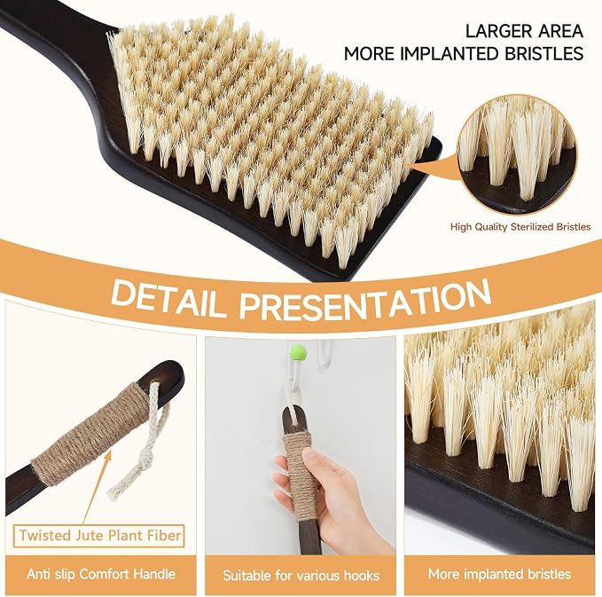 Back Scrubber Shower Brush,Dry Brushing Body Brush with 17.7 Inch Curved Long Handle, Natural Bristles for Lymphatic Drainage, Soft & Stiff Bristles Available (Natural Fiber, Stiff)