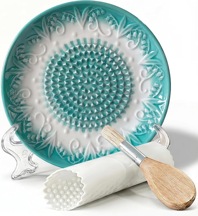 Handcrafted Ceramic Garlic Grater Plate 4-Pc Set, 5.12" Handmade Porcelain Grinding Dish with Wooden Boar Bristle Brush & Textured Silicone Peeler, Celadon Green Embossed Lily