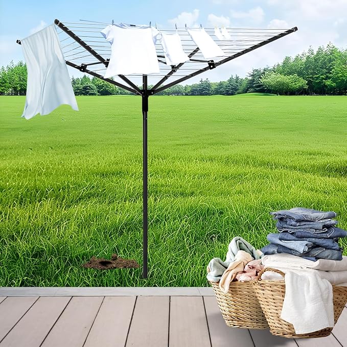 65ft 4-Arm Rotary Umbrella Clothesline Adjustable Height for Backyard | Heavy duty retractable outdoor drying rack with 12 lines, adjustable height, great for backyard laundry drying