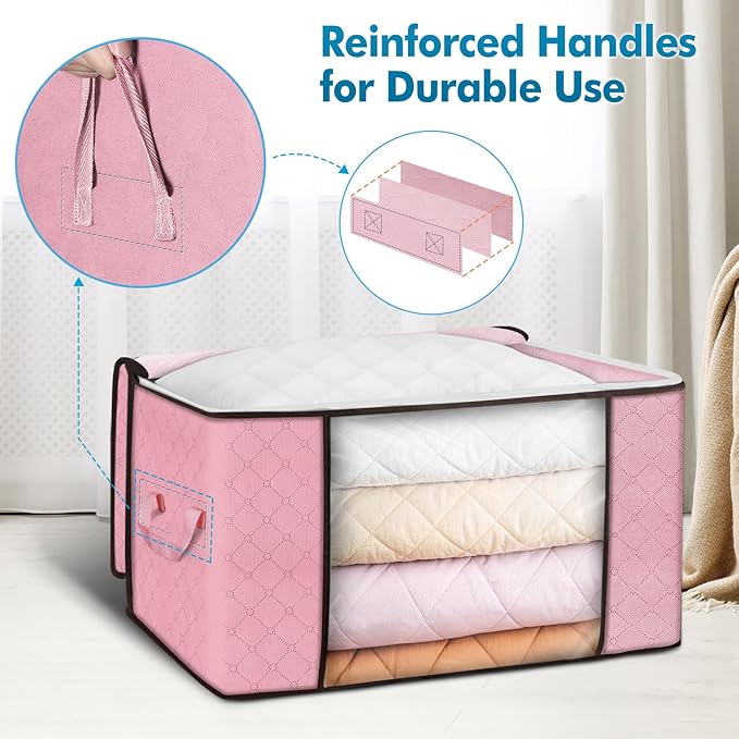 90L Large Storage Bags, 4 Pack Clothes Storage Bins Closet Organizers | Foldable Storage Containers, with Reinforced Handle, for Clothing, Blanket, Comforters, Bed Sheets, Pillows and Toys,Pink