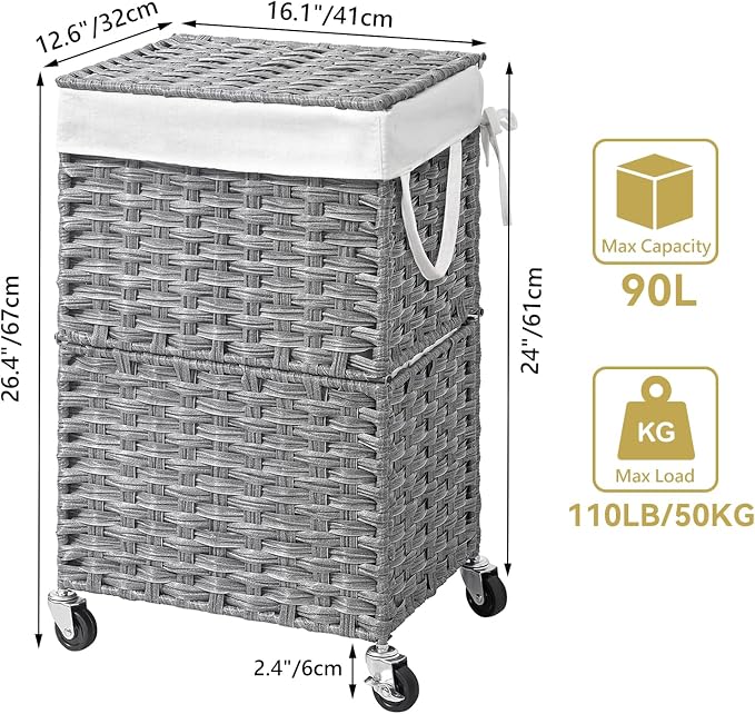 Chrislley Wicker Laundry Basket with Wheels,Rolling Laundry Hamper with Lid | 90L Slim Clothes Hamper with Wheels & Removable Liner Bag, Handwoven Rattan Laundry Organizer for Bedroom, Bathroom, Grey