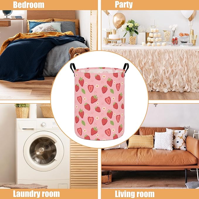 Round Laundry Basket Collapsible Storage Hamper Flower Strawberry | Waterproof Canvas Foldable Baskets with sturdy Handles Multi-scene Organizer for Home Play Bedroom Gift Bin