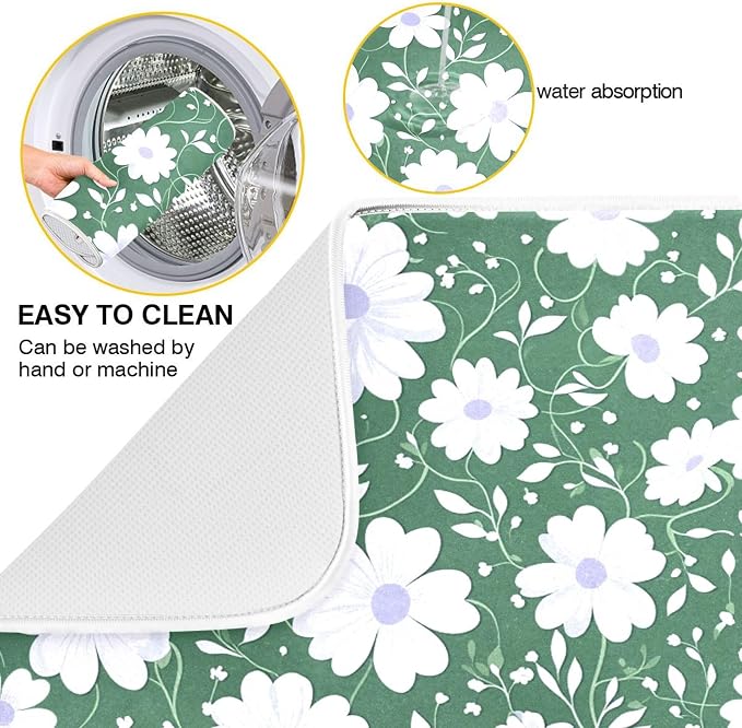 Vintage Floral Leaves Green Dish Drying Mat for Kitchen Daisy White Pastel Colors Microfiber Drying Mats Absorbent Reversible Dish Pad Medium Dish Draining Mat 18x24 inch