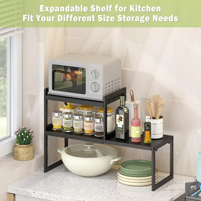 DOLALIKE Expandable Kitchen Countertop Organizer, Stackable Cabinet Shelf Organizers, Space Saving Spice Rack Pantry Storage for Bathroom Office Organization (Black, 2 Pack) | Space Saving Metal Pantry Storage Racks for Kitchen Spice Rack Pans and Unte...