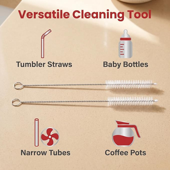 2 Pack Straw Cleaner Brush, Reusable Metal Handles Straw Cleaner Brush Extra Long for Stanley Mug 40, 30, 20 oz, 10mm Wide for Sippy Cup, Water Bottle and Tubes (Clear+Clear)