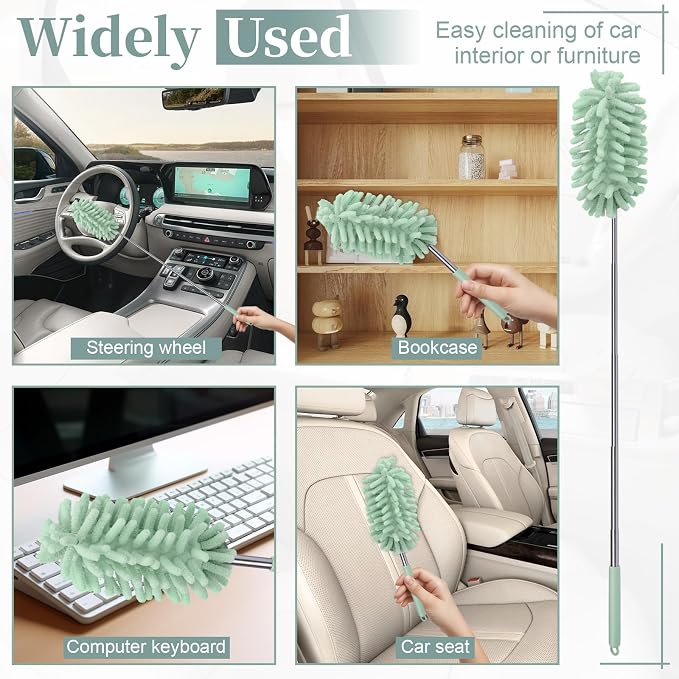 2 PCS Car Interior Duster with Extension Pole, Dusters for Cleaning | Microfiber Car Dusters with Bendable Head, Duster Interior & Exterior Scratch Free for Vehicle, Offices, Window (Light Green)