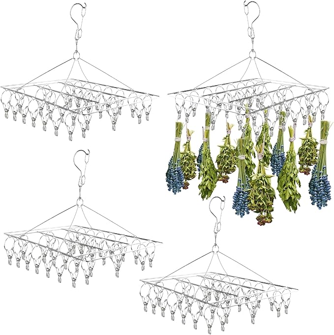 Herb Drying Rack for Drying Spices, Rustproof Dryer with 30 Hooks | 4 Pack, No Assembly Required, 360° Swivel Air Circulation, Space Saving Foldable, for Herbs Flowers Tea Balcony Outdoor Use
