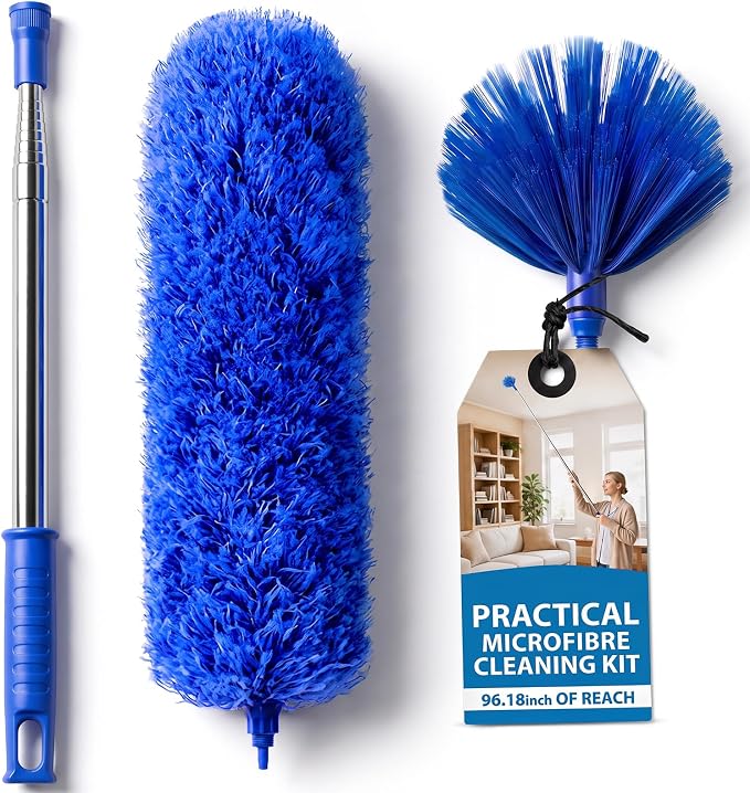 Duster with Extension Pole 30-100 Inches, Bendable Microfiber Cobweb, Blue, Duster for Cleaning Ceiling Fan, High Ceiling, Roof, Window & Blinds
