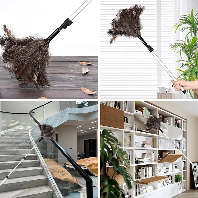 Extendable Ostrich Feather Duster 26-49 Inch, Natural Cleaning Duster with Aluminum Extension Pole Reusable for High Ceilings, Fans, Blinds, Furniture, Interior & Roof Dusting