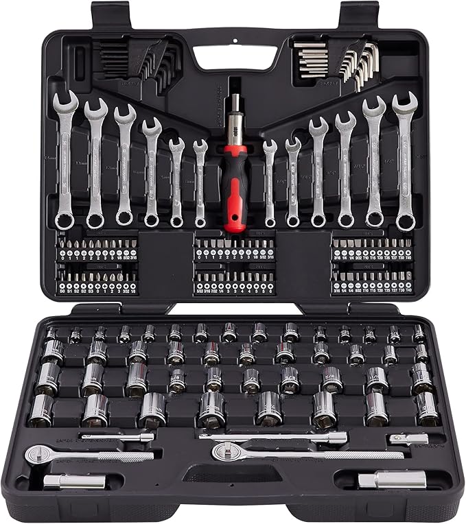 161-Piece Mechanics Tool Set with SAE Metric Sockets | Premium alloy steel full socket wrench kit. Professional automotive repair hand tool set for garage, car and truck