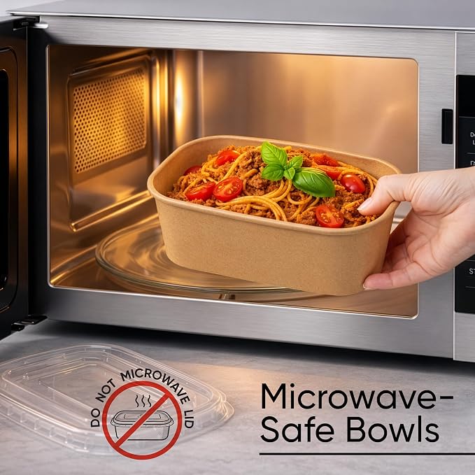 Leafiew 50 Pack 29Oz Disposable Meal Prep Containers With Lids - Microwave and Freezer Safe Kraft Paper Bowls with Lids and Forks - Disposable Food Containers - To Go Bowls for Food Prep and Salad