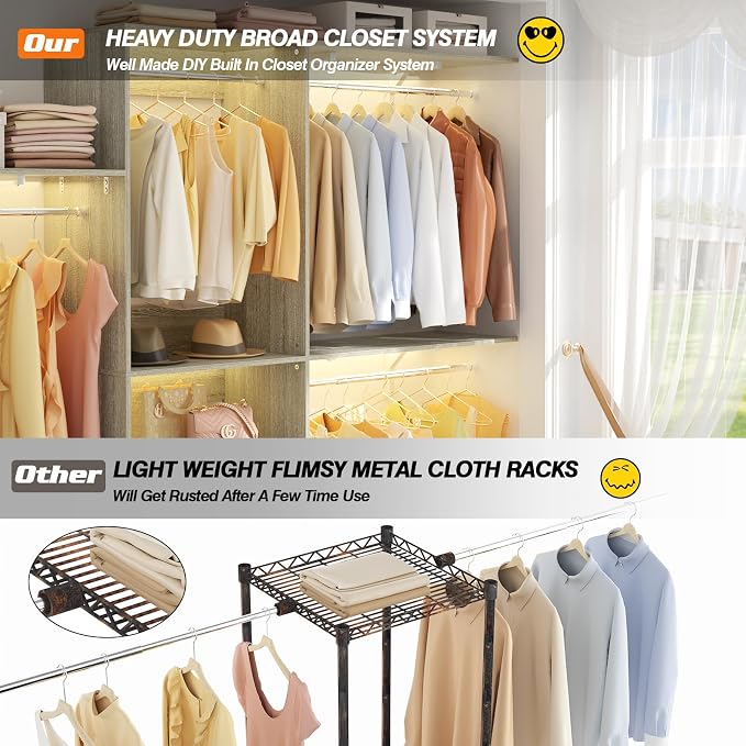 8FT Closet System with 3 Wooden Storage Shelves, 96'' Closet Organizer System with 3 Hanging Rods, Wall Mount Wardrobe Walk-in Closet, Adjustable Garment Rack from 5 to 8FT (Cut to Fit), White Oak