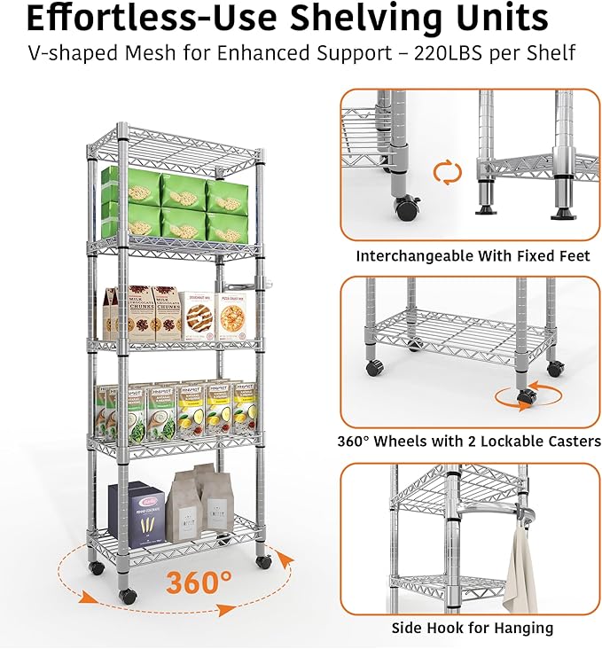 Garvee 61" H Storage Shelves with Wheels 1100LBS Rolling Metal Wire Rack