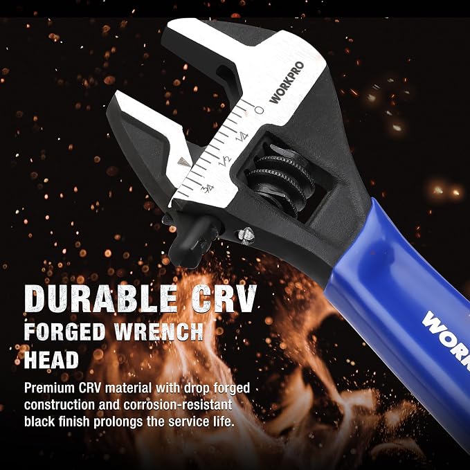WORKPRO 4-Inch Mini Adjustable Wrench, Wide Jaw Cr-V steel Wrench | Black Oxide Finish, Metric & SAE Scales, Compact Size for Small Nuts, Home Projects, Workshop and DIY Tasks.