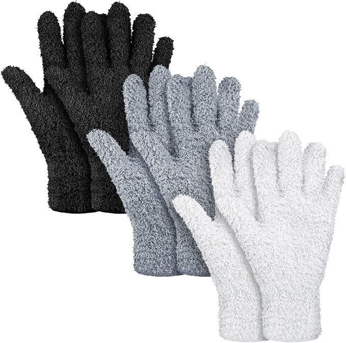 Patelai 3 Pairs Microfiber Plant Dusting Gloves Leaf Cleaning Gloves for Indoor Plants, Blinds, Furniture, House (Black,White,Gray,Large)