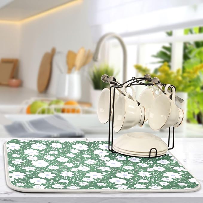 Vintage Floral Leaves Green Dish Drying Mat for Kitchen Daisy White Pastel Colors Microfiber Drying Mats Absorbent Reversible Dish Pad Medium Dish Draining Mat 16x18 inch