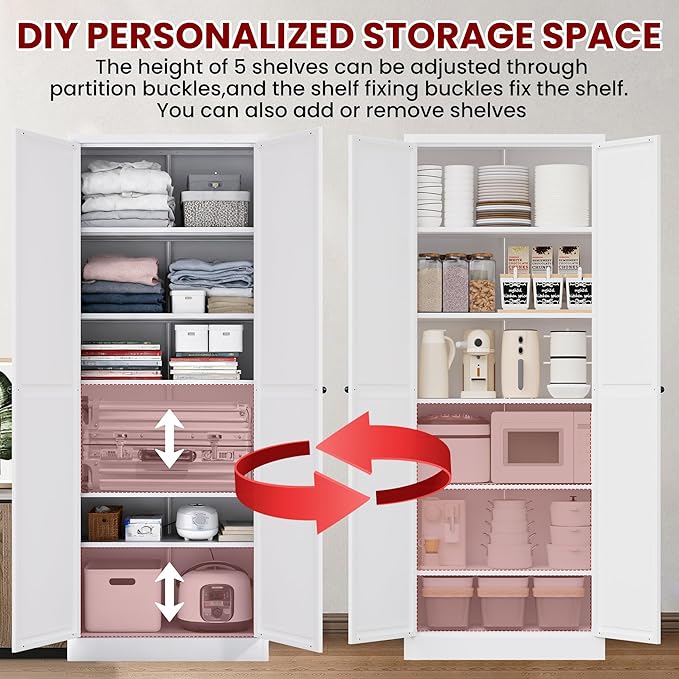 AQY 72" Pantry Cabinet, White Freestanding Storage Cabinet with 5 Adjustable Shelves, Metal Pantry Cupboard with Ventilation Design & Hanging Hooks, 2-Door Kitchen Organizer for Living Room Kitchen