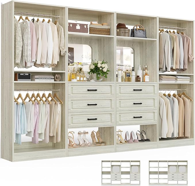 Unikito Closet System with Drawers, 100” Wood Closet Organizer with Hanging Rods and Mirror, Large Walk in Wardrobe Garment Rack with Adjustable Shelves, Freestanding Closet Tower, White Oak