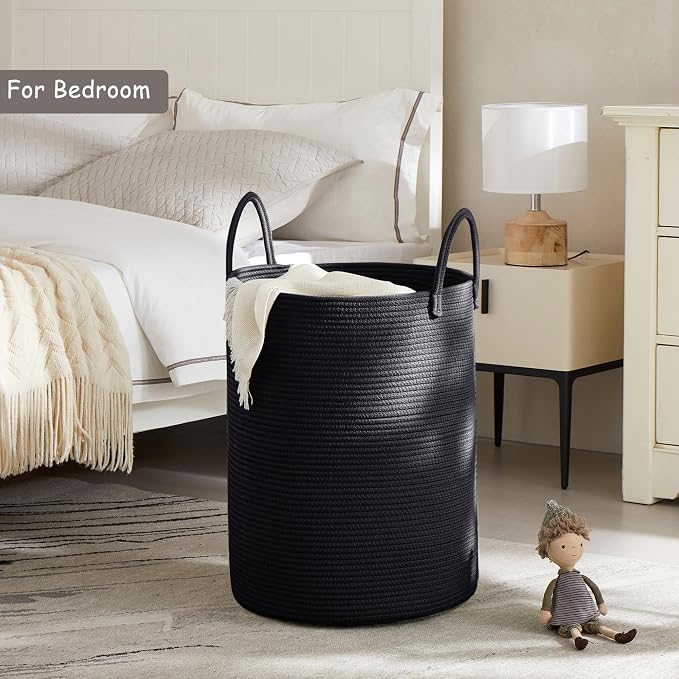 60L Black Hamper Laundry Basket Woven Clothes Hamper Tall | Modern Cotton Rope Blanket Storage Basket in Living Room Bedroom 15Dx20H inches