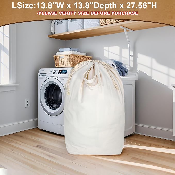 Heavy Duty Canvas Laundry Bags with Square Base 13.8"Wx13.8"Dx27.6"H, Beige | Extra Large Laundry Hamper Bag, Washable Drawstring Dirty Clothes Sack with Handles for College Dorm, Home Storage, 1 Pack