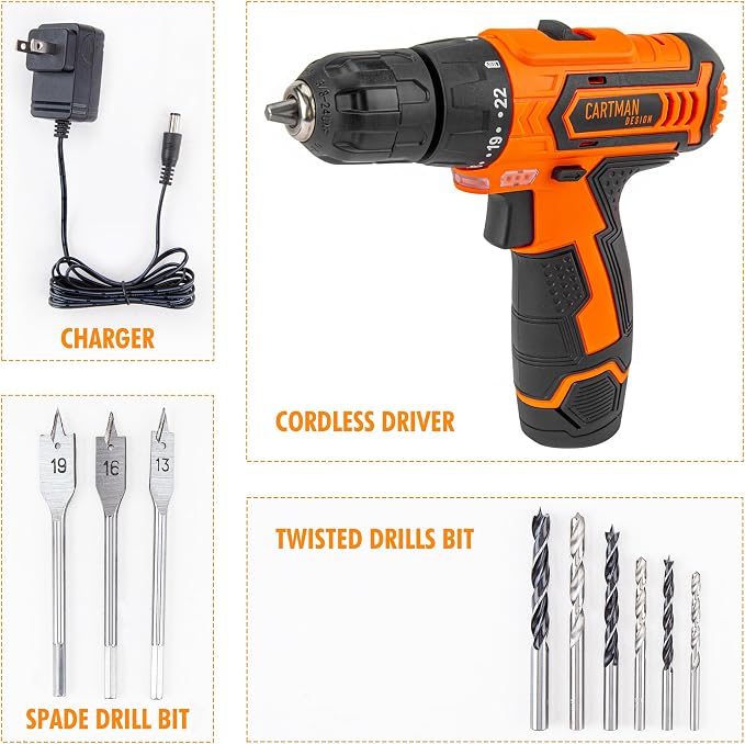 CARTMAN Orange 198-Piece 12V Cordless Drill Tool Combo Kit | Complete DIY repair tools for home, office & garden maintenance, professional household tool set with robot style storage box