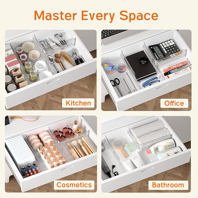 12 Pack 4" High Drawer Dividers for Clothes, 10.2"-16.5" Expandable Dresser Drawer Organizers, Adjustable Plastic Clear Drawer Separators for Kitchen, Baby Clothing, Socks, Underwear, Bedroom