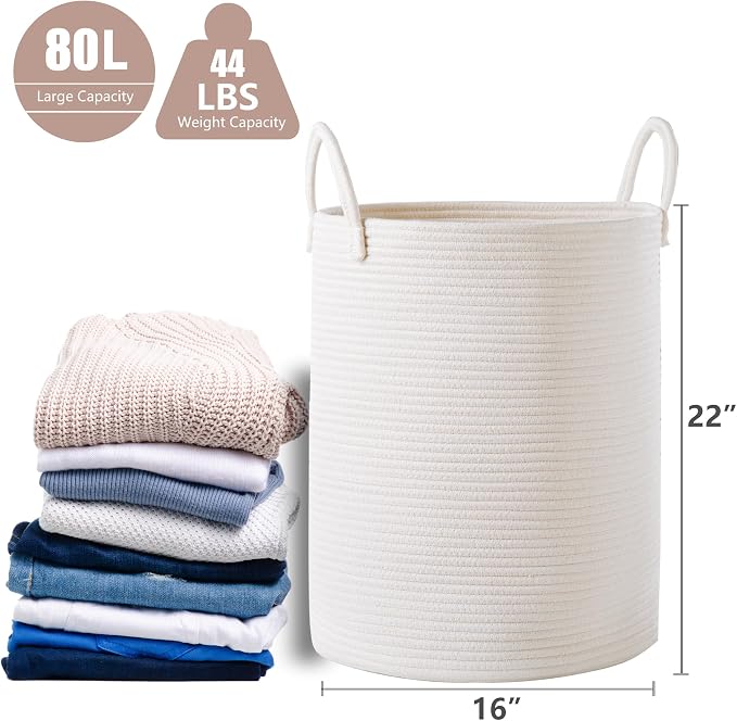 80L Extra Large Laundry Hamper Tall Woven Laundry Basket, White | Blanket Basket for Living Room, Clothes Hamper in Bedroom, 16"L x 16"W x 22"H