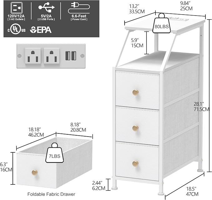 Tohomeor Narrow Dresser Tall Skinny Storage Tower Vertical Slim Chest of Drawers with Charging Station Small Nightstand Side Table for Bedroom, Bathroom, Small Spaces (White, 3 Drawers)