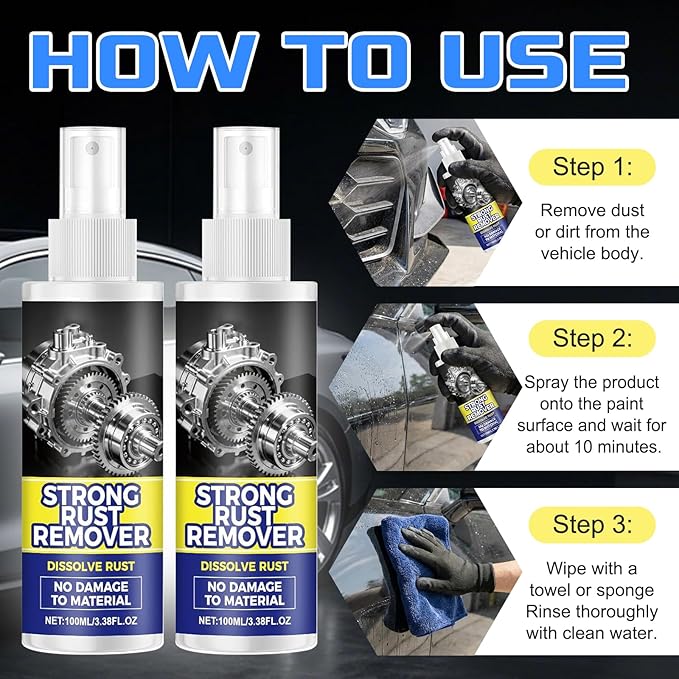 Rust Remover Spray for Metal, Multipurpose Rust Stain Remover, Heavy Duty Metal Cleaner, Rust Remover Spray, for Metals, Tools, Cars, Chains,Iron Out Rust Remover (2pcs)
