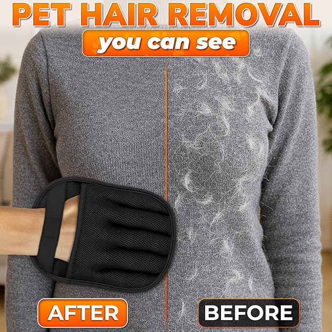 Pet Hair Remover Glove for Cats and Dogs, Reusable, 9.25 x 6.69 in | Grooming Mitt with Five-Finger Fit, Static Lift, Washable Mesh, for Couch, Carpet, Car Seat, Furniture, Bedding, and Clothing