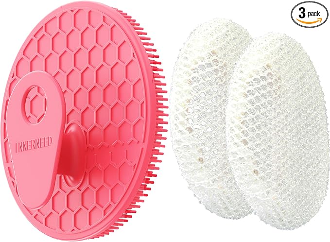 INNERNEED Food-Grade Silicone Body Scrubber Gentle Cleansing Brush with Exfoliating Net Sponge Bath Scrubbing Washcloth Case, More Hygienic and Well Lather (Pink Set)