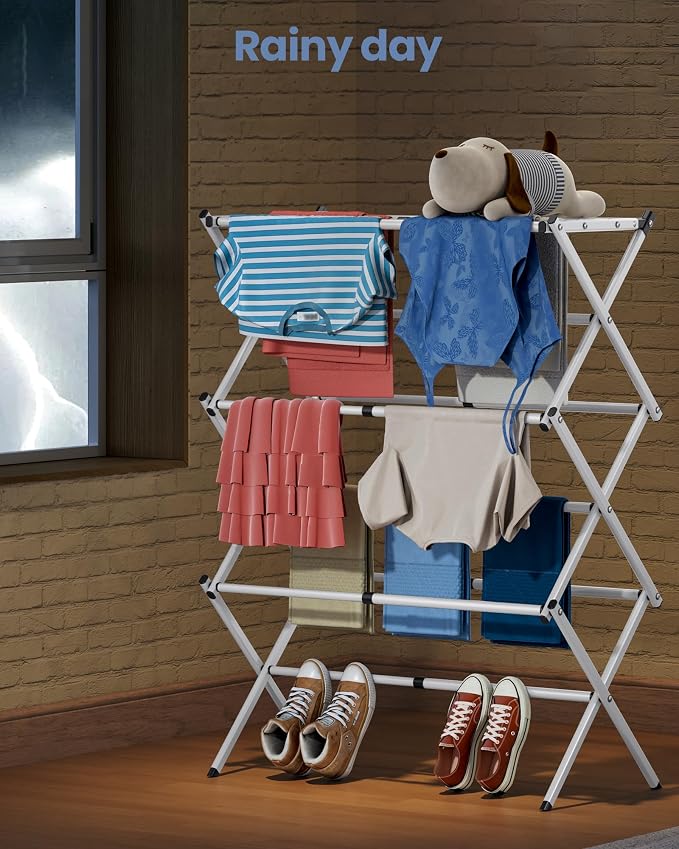 APEXCHASER Oversize 3-Tier Clothes Drying Rack, No Install, White | Expandable Design, Non-slip feet, Tool-free Setup, Rust Prevention, Sturdy Construction, 14.9" D x 29.3" W, Holds 24lbs