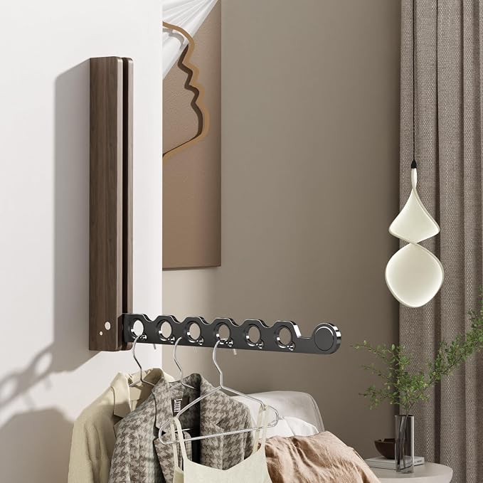 Natural Wood Folding Clothes Hanger Rack for Laundry Room, Wall Mounted Clothes Drying Rack, Laundry Drying Rack Foldable, Perfect for Small Spaces, Walnut Wood Black