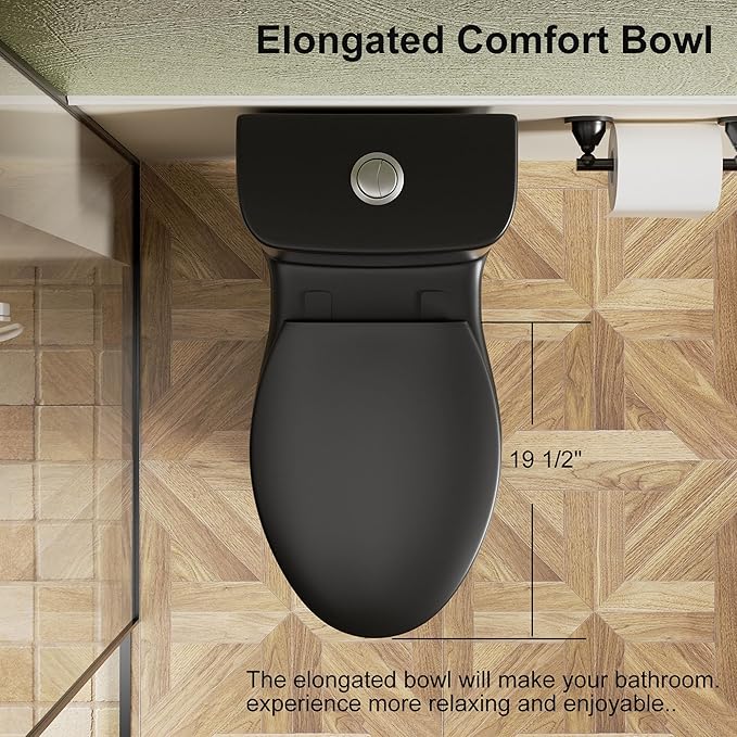 Black One Piece Toilets for Bathrooms, Compact Dual Flush Toilet Elongated with Soft Closing Seat, Modern 12 Inch Rough in Toilet, 1.6 GPF & Map 1000g, Comfort Height, Silent Design (Black)