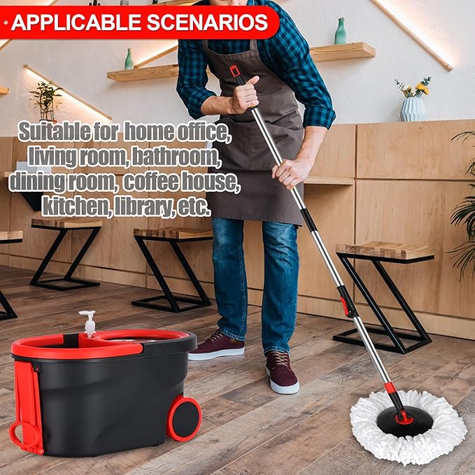 Spin Mop and Bucket with Wringer Set on Wheels, 360° Spinning Mop Bucket System with 3 Microfiber Mop Replacement Heads and 61" Stainless Steel Adjustable Handle for Floor Cleaning
