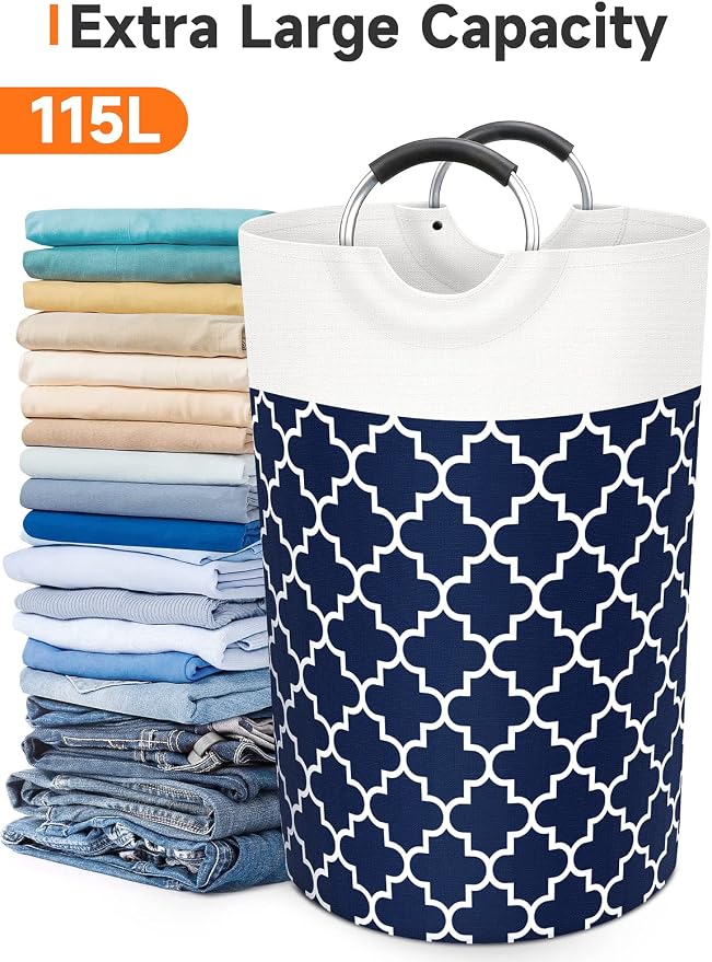 Fabspace Large Laundry Basket Laundry Hamper Bag Washing Bin Clothes Bag Collapsible Tall with Handles Waterproof Travel Bathroom College Essentials Storage for College Dorm, Family (Blue) 115L | Freestanding Laundry Hamper, Waterproof Dirty Clothes St...
