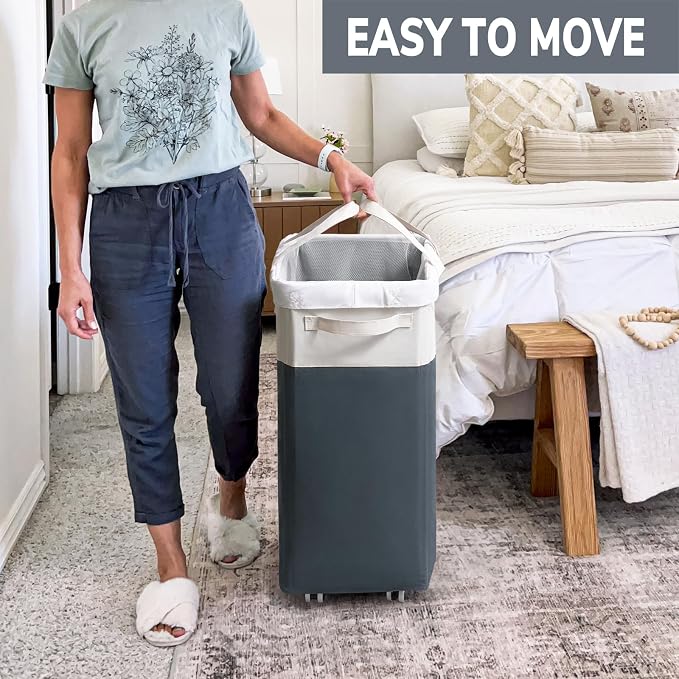 Goodpick 2-Pack Rolling Laundry Basket with Wash Bag, Hamper for Dorm, 75L | Laundry Hamper with Wheels & Handles for Dirty Clothes, Clothes Hamper, Dorm Room Essentials, Grey & White